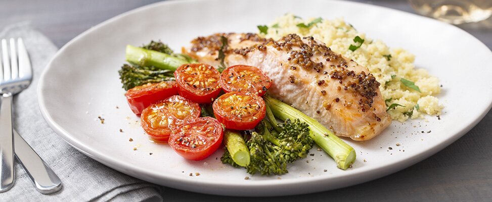 Baked Honey Mustard Salmon with Roasted Cherry Tomatoes, Broccolini and Couscous