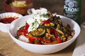 Beef Fajita Bowl with Garlic Rice, Sweetcorn, Salsa and Sour Cream