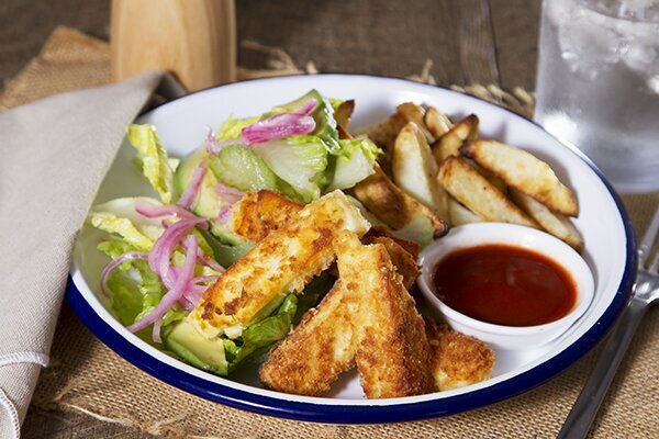 Buffalo Haloumi Nuggets with Hot Sauce, Fries and Pickled Shallot Salad