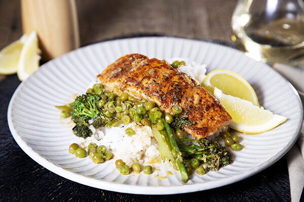 Cajun Honey Butter Barramundi with Steamed Rice, Broccolini and Peas