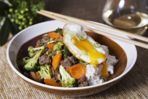 Korean Style Ginger Beef Bowl with Veggies and Fried Egg
