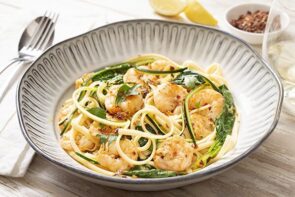 Lemon Garlic Prawn Linguine with Zucchini and Spinach in a Creamy White Wine Sauce