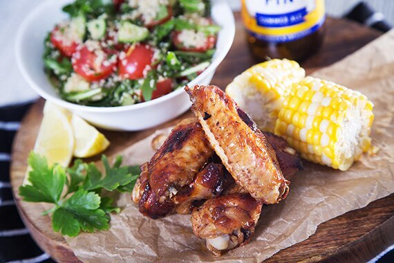 Maple & Harissa Chicken Wings with Sweet Corn Couscous Tabbouleh