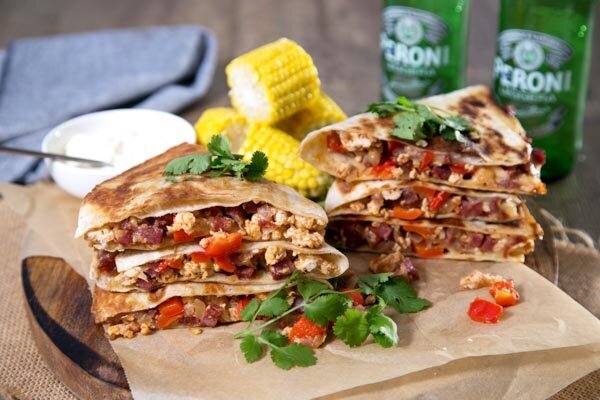 Oven Baked Chicken & Chorizo Quesadillas with Buttered Corn