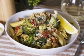Pesto Penne with Grilled Broccoli and Cherry Tomatoes, Parmesan and Pine Nuts