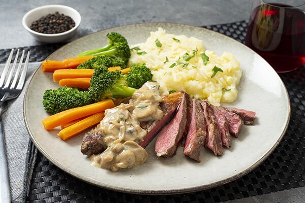 Porterhouse Steak with Mushroom Sauce Creamy Mashed Potatoes, Broccoli and Carrots
