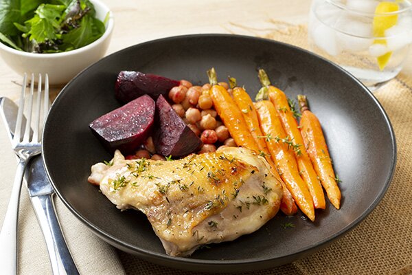 Roast Chicken with Honey Carrots, Beets and Chickpeas