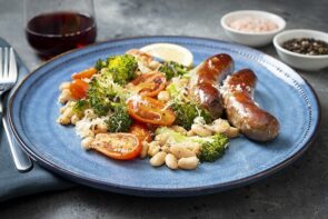 Sausage with Roasted White Beans, Broccoli and Tomato