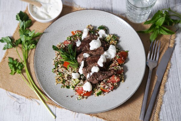 Za’atar Beef & Quinoa Salad with Tzatziki