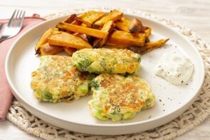 Broccoli and Cheddar Fritters with Baked Sweet Potato Fries