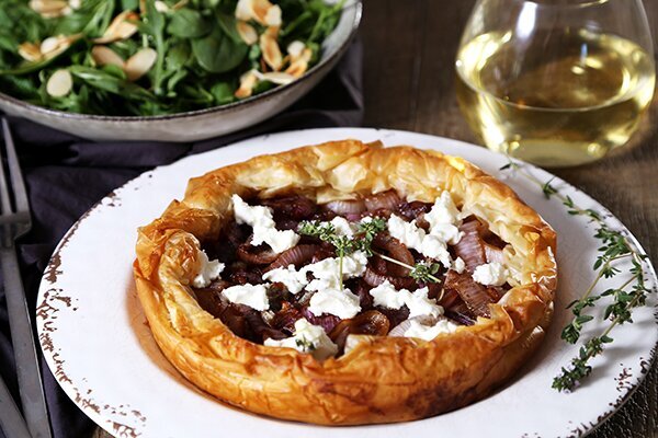 Caramelised Onion Tart with Fetta and Broccoli and Snow Peas Almondine
