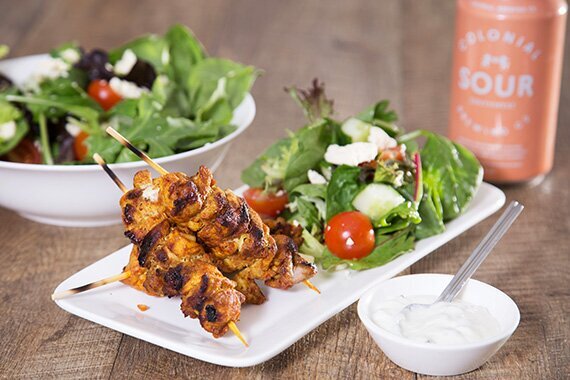 Chicken Shawarma Skewers with Salad & Tzatziki