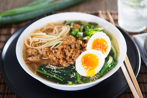 Jamie Oliver’s Ginger & Miso Pork Ramen with Egg, Asian Greens & Sesame Seeds