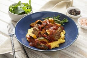 Lamb Meatballs with Honey & Rosemary Polenta and Tangy Red Onion, Zucchini and Tomato Sauce