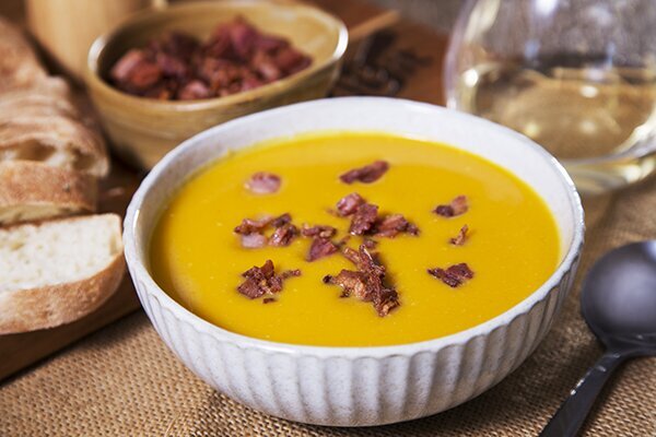 Miso Pumpkin Soup with Bacon Croutons & Ciabatta Panini