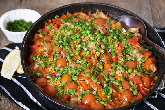 One Pan Chicken & Chorizo Paella Style with Cherry Tomatoes, Peas & Lemon