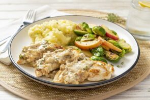 Pan Roasted Chicken, Brussels Sprouts and Apples with a Maple Mustard Sauce