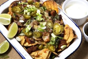 Vegetarian Nachos with Walnuts, Jalapenos and Sour Cream