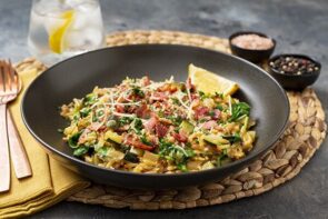 Creamy Lemon and Zucchini Orzotto with Crispy Bacon