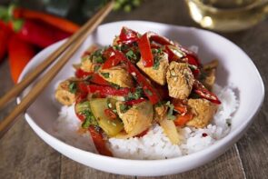 Drunken Chicken with Red Peppers, Greens and Steamed Jasmine Rice
