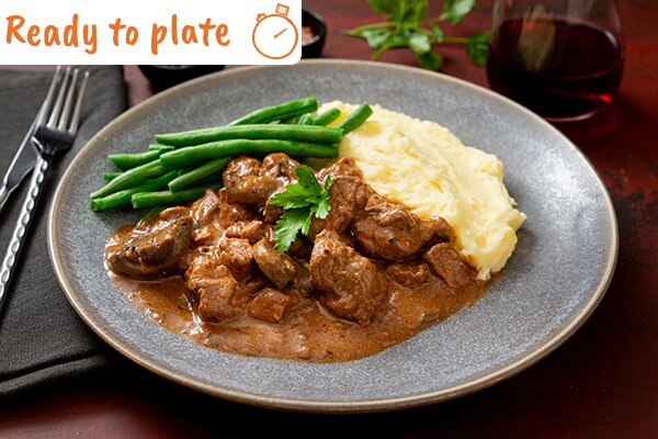 Extra Quick Beef Stroganoff with Mash and Green Beans