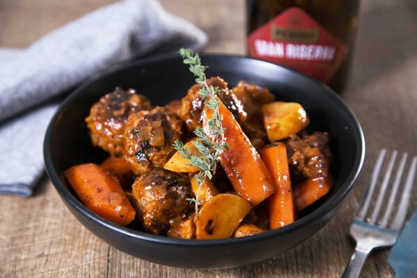 Beef, Lamb & Thyme Meatball Stew with Potatoes, Mushrooms & Carrots