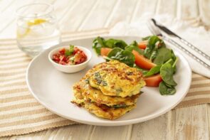Cheesy Zucchini Fritters with Spicy Salsa and Crunchy Smashed Potatoes