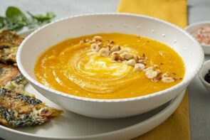 Ginger Carrot and Parsnip Soup with Toasted Hazelnuts and Potato and Spinach Rosti