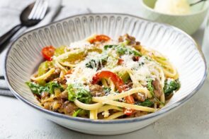 Sausage, Capsicum and Onion Pasta with Parmesan and Cream Sauce