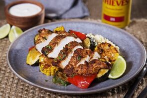 Smokey Chicken and Veggie Traybake with Couscous, Coriander and Lime