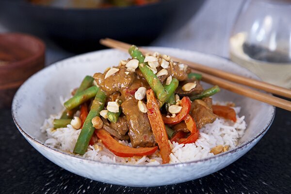 Spicy Satay Beef Stir Fry with Green Beans Steamed Jasmine Rice and Crunchy Peanuts