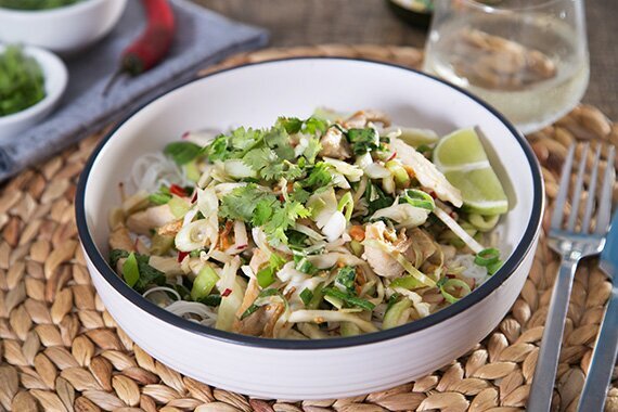 Chicken with Rice Noodles, Asian Slaw & Lime Peanut Dressing