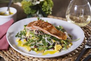 Salmon Quinoa Salad with Lemony Dressing Rocket, Corn and Black Beans