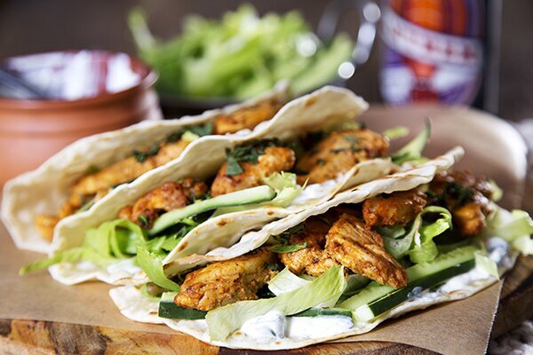 Tandoori Chicken Chapati Tacos with Cucumber and Raita