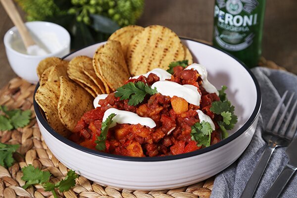 Vegetarian Chilli with Sweet Potato Sour Cream & Corn Chips