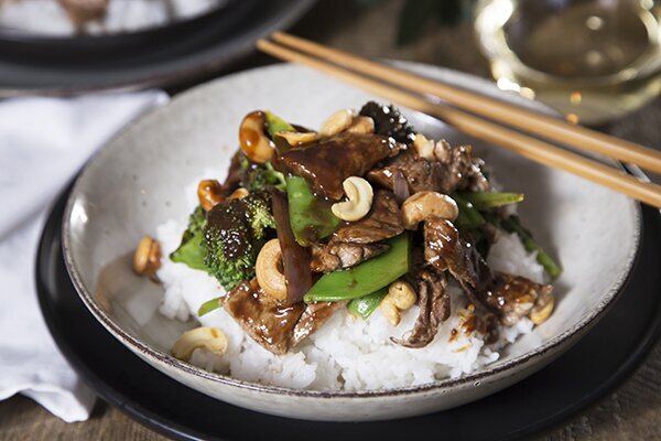 Beef, Black Bean and Cashew Nut Stir Fry with Steamed Jasmine Rice and Greens
