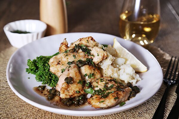 Chicken Cutlets with Smashed Potatoes, Broccolini and Lemon Caper Sauce