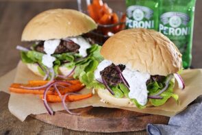 Kofta Burger with Sumac Sweet Potato Fries and Yoghurt Sauce