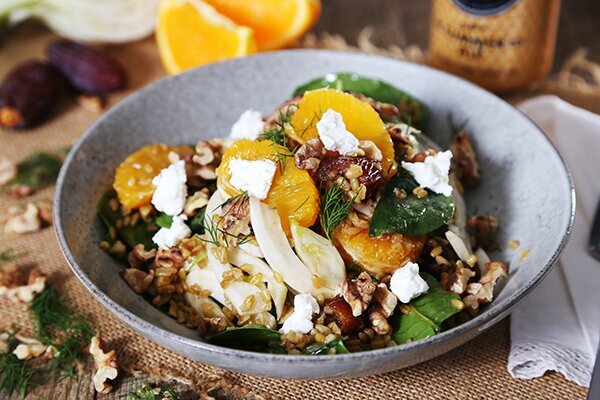 Orange and Fennel with Cracked Freekeh, Dates & Goats Cheese