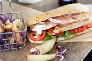Chicken BLT with Rocket, Rosemary Potato Wedges & Garlic Aioli