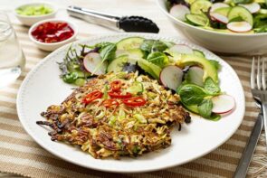 Crispy Ramen Fritters with Cucumber, Radish and Avocado Salad