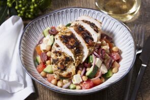 Greek Chickpea Salad with Grilled Chicken Olives and Fetta
