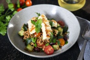 Grilled Haloumi with Lentil Tabbouleh, Lemon, Olives & Mint