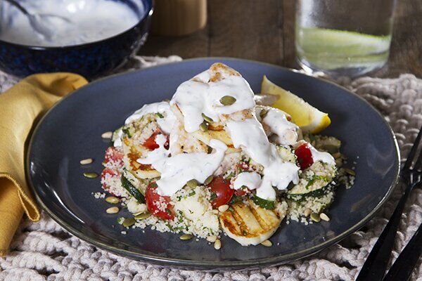 Haloumi Chicken Salad with Grilled Zucchini and Yoghurt Tahini Dressing