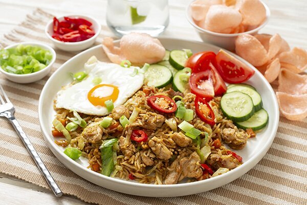 Nasi Goreng with Chicken and Fresh Cucumber and Tomato
