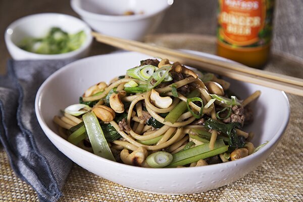 Speedy Sesame Beef Udon Bowl with Pak Choy and Cashews