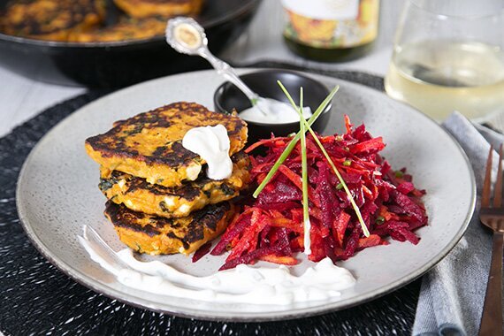 Sweet Potato, Silverbeet & Fetta Cakes with Beetroot & Carrot salad