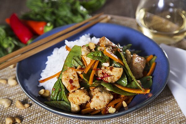 Thai Chilli & Basil Chicken Stir Fry with Snow Peas and Steamed Rice