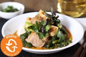 Thai Red Curry with Crispy Skin Chicken, Coconut Rice, Kai Lan & Lychee