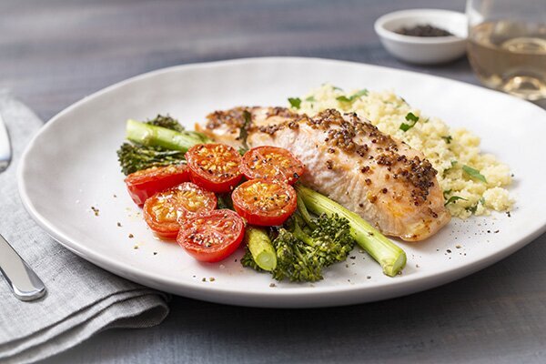 Baked Honey Mustard Salmon with Roasted Cherry Tomatoes, Broccoli and Couscous